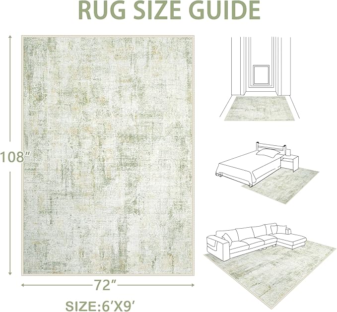Area Rugs 6x9 Living Room: Washable Rug Modern Abstract Large Rugs Soft Non Slip Neutral Rug Stain Resistant Indoor Carpet for Bedroom Kitchen Dining Room Nursery Home Office Rugs(Green Brown,6'x9')