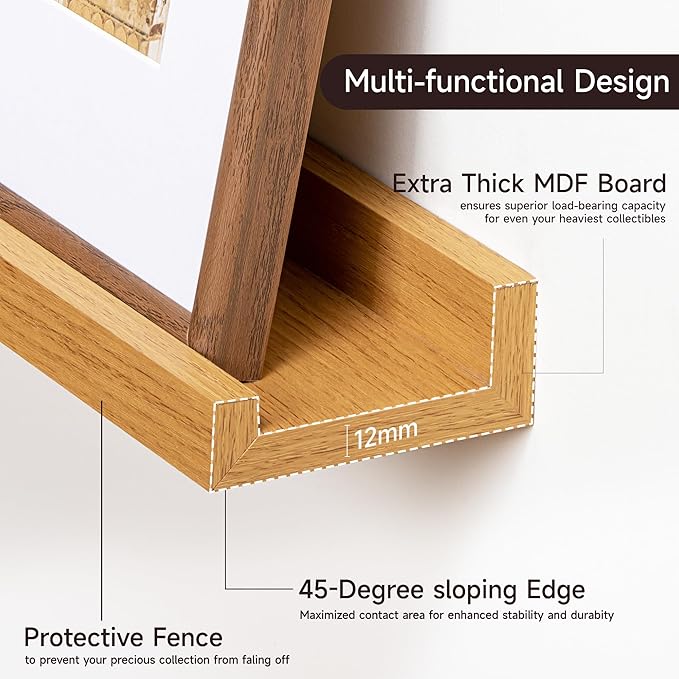 Fun Memories Picture Ledge Shelf, 36 Inch Floating Shelves Set of 2, Nursery Book Shelves for Toys Storage, Kids Bookshelf Wall Mounted for Wall Decor Books Photo Frames, Oak