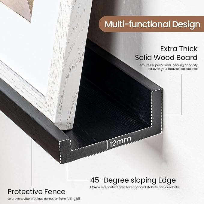 Picture Ledge Shelf, Solid Pine Wood Floating Shelves Set of 2, 24 Inches Nursery Book Shelves for Toys Storage, Kids Bookshelf Wall Mounted for Living Room Bedroom Decor Books Photo Frames, Black