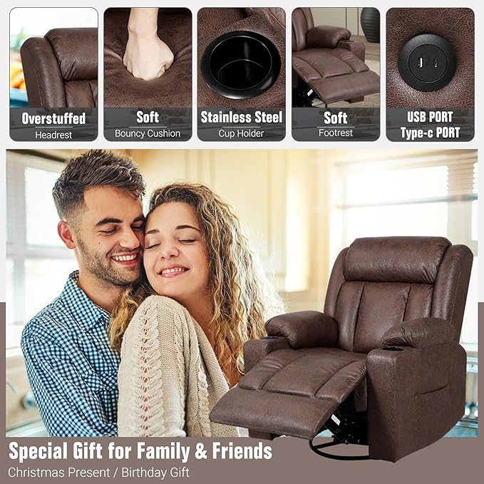 Retro Rocking Recliner Chair, Massage Rocker Recliner Chair with Vibration Massage and Heat, USB and Type-C Ports,360° Swivel Chairs,Living Room, Bedroom, Nursery, RV, Brown