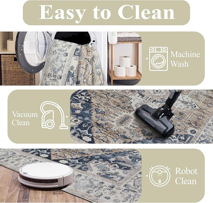 Washable Rugs 5x7 Area Rugs for Living Room, Thin Carpet for Bedroom, Soft Faux Wool Retro Dining Room Rug，Non Slip&Non-Shedding Resistant Low Pile Vintage Print Rug for Home Office (Taupe/Blue)