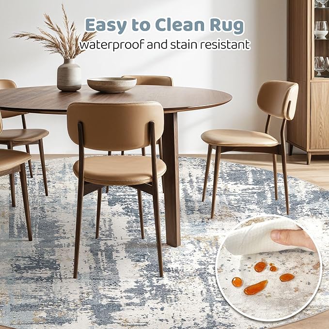 Round Rug Living Room Rugs: 10Ft Washable Circle Large Abstract Modern Soft Stain Resistant Non Slip Indoor Floor Carpet for Bedroom Nursery Office Dining Room Dorm Home House Decor- Light Blue