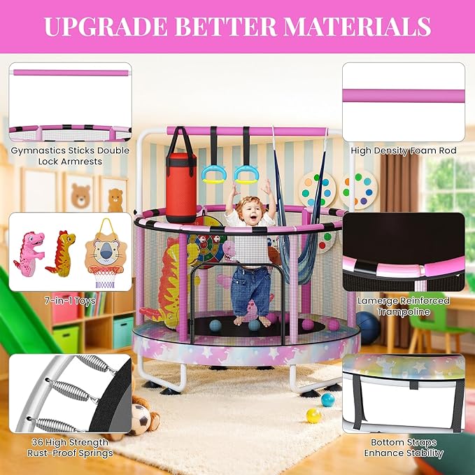 LAMERGE 55" 7-in-1 Round Trampoline for Kids Boys & Girls Ages 1-8, Indoor & Outdoor Trampoline for Fun, Adjustable Height Handrail ＆ Enclosed Safety Net ＆ Durable Designs for Toddlers Children