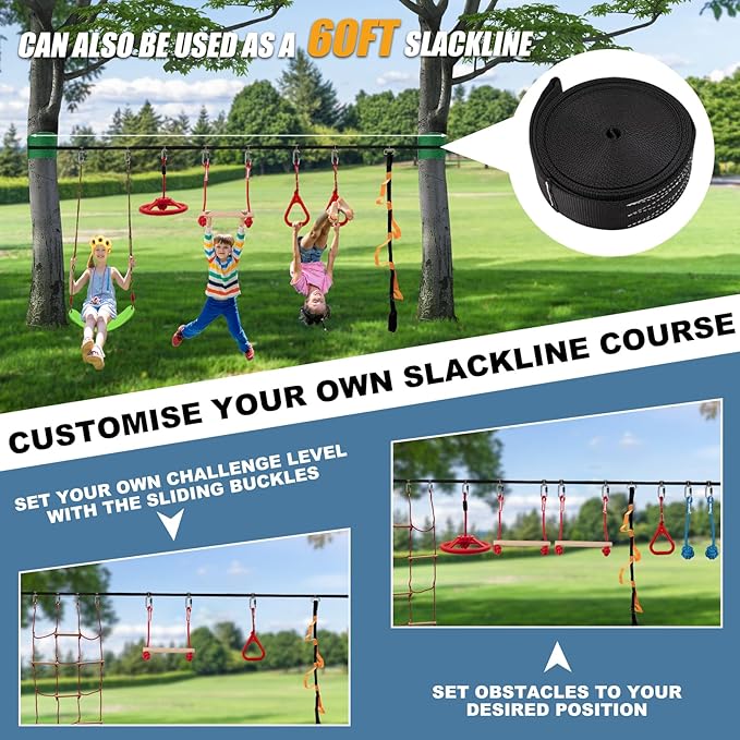 Slsy 60FT Ninja Warrior Obstacle Course for Kids, Complete 13-Obstacle Slackline Kit with Monkey Bar, Swing, Balance Belt, Climbing Ladder & Net, Durable Outdoor Playset Equipment