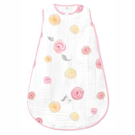 Amazing Baby Cotton Muslin Sleeping Sack, For Baby Girl, Wearable Blanket with 2-way Zipper, Watercolor Roses, Pink, Small (0-6 Month)