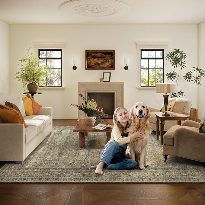 Washable Area Rugs for Living Room: 8x10 Bedroom Rug Boho Vintage Rugs Stain Resistant Non Slip Low Pile Lightweight Soft Carpets for Dining Room Kitchen Nursery Kids Room Farmhouse Living Room