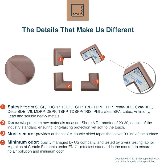 Roving Cove HeftyFit Corner Protector for Baby (4 Large Corners), Heavy-Duty Soft Rubber Foam Furniture Corner Bumper Guards, 3M Adhesive Pre-Taped, Coffee Brown