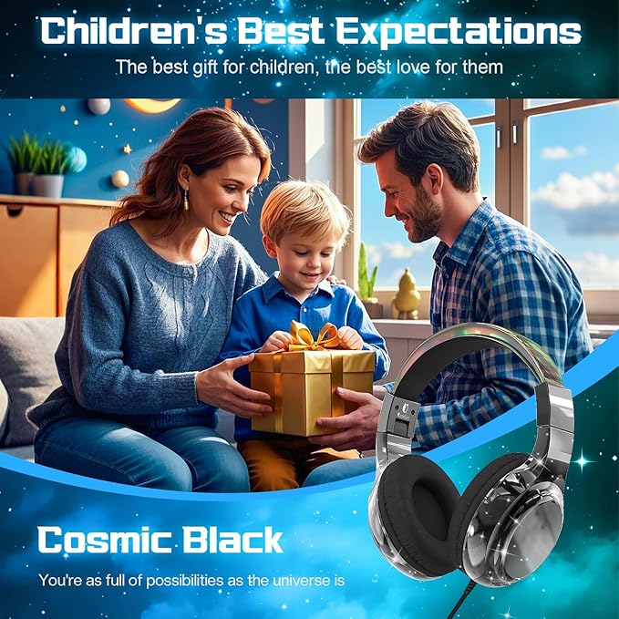 QearFun Kids Headphones Wired with Mic, 85/94dB Safe Volume Limit, Foldable Over Ear, Tangle-Free Cord & Sharing Port, Wired On-Ear Headset for School, Chromebook, Tablet, Travel - Boys & Girls