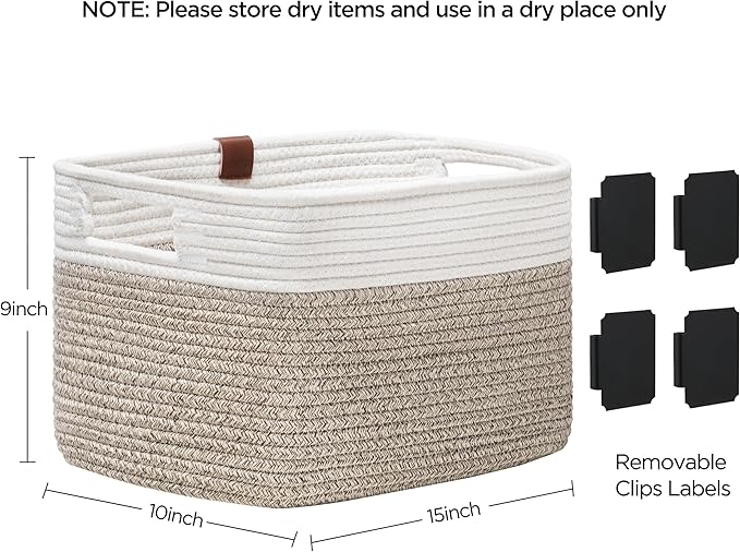 UBBCARE 4 Pack Baskets for Organizing, Woven Storage Baskets with Label for Toys and Towel, Rectangle Cotton Rope Basket with Handles, 15''L x10''W x9''H, White&Brown
