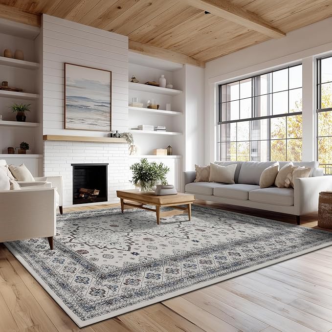 4x6 Washable Area Rug for Living Room, Carpet for Bedroom, Soft Faux Wool Retro Dining Room Rug, Non Slip&Non-Shedding Resistant Low Pile Vintage Print Rug for Home Office (White Cream/Gray)