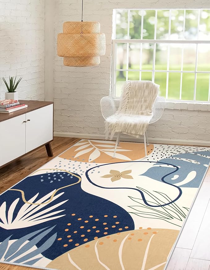 Lahome 4 x 6 Area Rug Living Room Carpet - Washable Soft Rugs for Bedroom Non-Slip Ultra-Thin Floor Rug for Office, Boho Botanical Print Stain Resistant Indoor Rugs for Kitchen Entryway Laundry Room