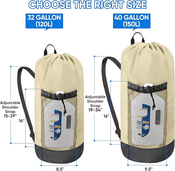 BALEINE 120L Laundry Bag Backpack, 900D Oxford Fabric Large Travel Laundry Bags with Shoulder Straps and 2 Mesh Pockets for College Dorm, Apartment, Laundromat (Beige, 120L)