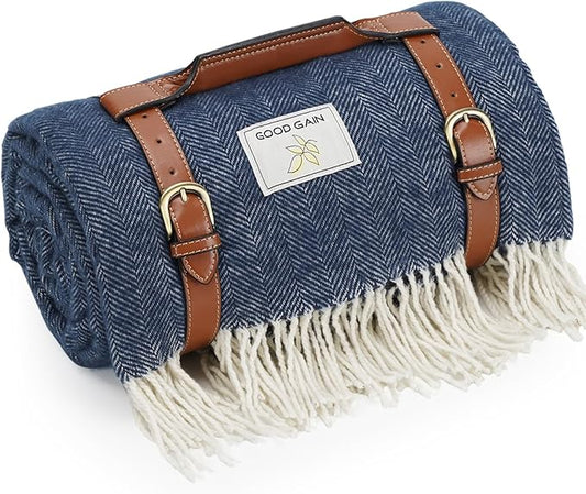 Waterproof Picnic Blankets- Extra Large Outdoor Blanket Foldable, Beach Blanket with PU Handles, Sandproof Picnic Mat for Hiking, Camping, Lawn, Park, Grass. Blue