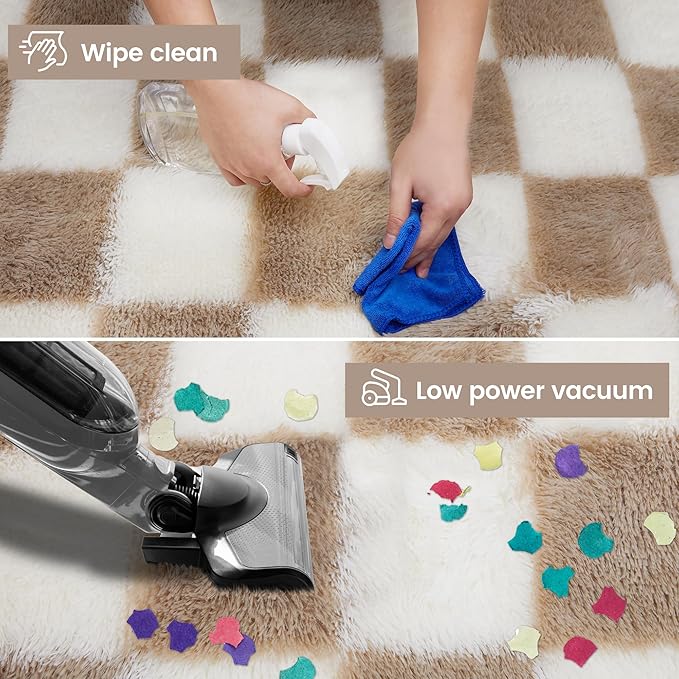 Super Soft Rug for Bedroom, 4x6 Ft Beige and White Area Rug Classic Checkered Shaggy Anti-Skid High Pile Soft Fluffy Rug Fuzzy Carpet for Living Room Bedroom Kids Room Nursery, Dorm Home Decor