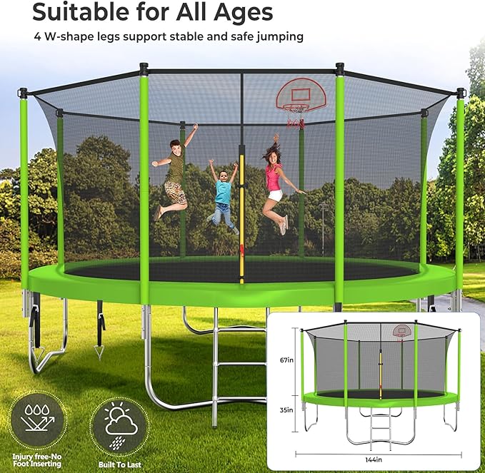 Upgraded 16FT 15FT 14FT 12FT 10FT 8FT Trampoline Outdoor with Basketball Hoop and Net, Capacity for 4-6 Kids and Adults