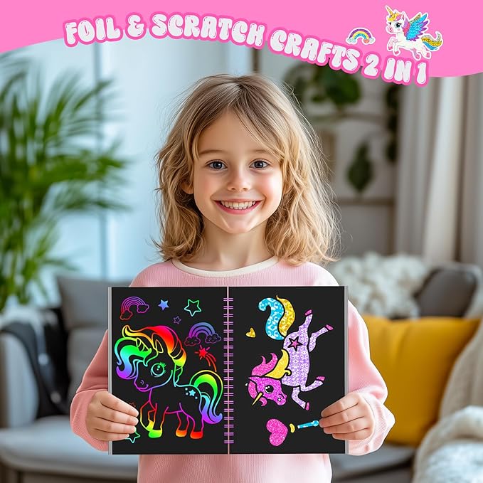 homicozy Art & Craft Activity for Kids: Foil Fun Unicorns and Princess & Scratch Art Book 2-in-1,No Mess Art Crafts for Girls,DIY Creative Activity Kit,Gifts for Girls Ages 4,5,6,7,8,9, Travel Toys