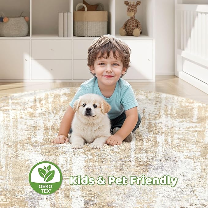 Round Rug Living Room Rugs: 6Ft Washable Circle Large Abstract Modern Soft Stain Resistant Non Slip Indoor Floor Carpet for Bedroom Nursery Office Dining Room Dorm Home House Decor- Gray Gold