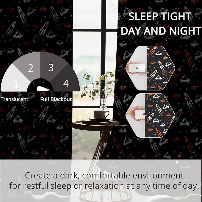 Kids Space Themed Blackout Curtains - 100% Blackout, Thermal Insulated, Noise Reducing, Perfect for Kids Room and Nursery, 2 Panels (Starlight Rocket Chase, W52×L84)