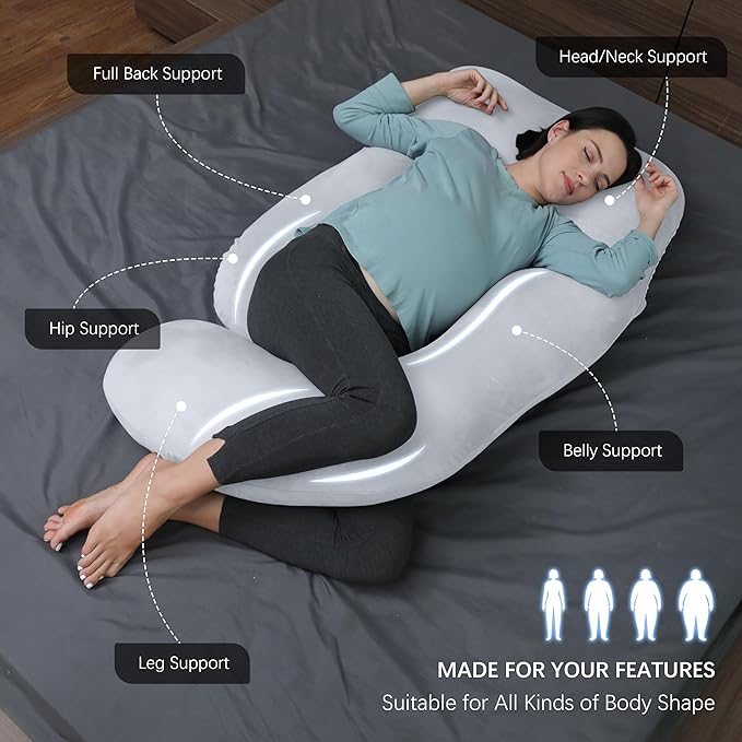 MOON PARK Pregnancy Pillows for Sleeping - U Shaped Full Body Maternity Pillow with Removable Cover - Support for Back, Legs, Belly, HIPS - 65 Inch - Light Grey