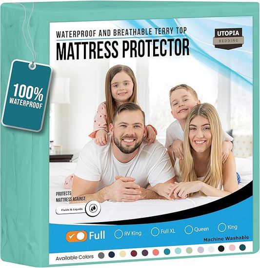 Utopia Bedding Waterproof Mattress Protector Full Size, Premium Terry Mattress Cover 200 GSM, Breathable, Fitted Style with Stretchable Pockets (Spa Blue)