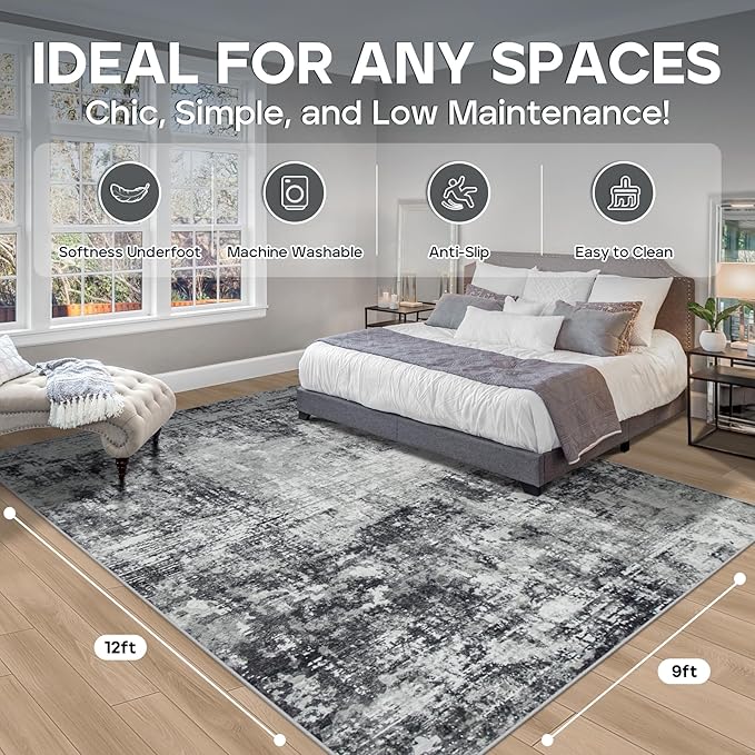 9x12 Area Rugs for Living Room Rug Washable: Modern Large Rug for Dining Room Bedroom Carpet Non Slip 9 by 12 Indoor Abstract Nursery Home Office Black Grey