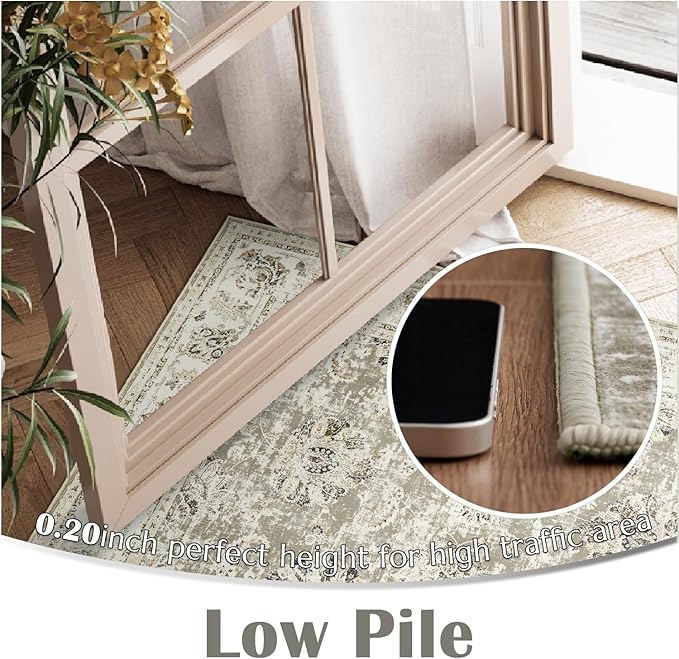 jinchan Washable Area Rug 5x7 Ultra-Thin Low Pile Non Slip Stain Resistant Soft Faux Wool Floral Distressed Vintage Carpet for Bedroom,Living Room,Dining Room,Kitchen,Nursery(Taupe, 5' x 7')