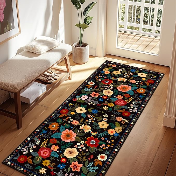 Floral 2x8 Area Rug Machine Washable Soft Print Boho Carpet Non Slip Doormat Low Pile Flower Area Rugs for Living Room Bedroom Nursery Kitchen Dining Room Indoor-Black