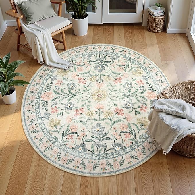 Wonnitar Floral Round Rugs 6ft, Boho Large Machine Washable Circle Rug, Low Pile Soft Flower Botanical Print Beige Round Carpet for Living Room Bedroom Dorm Sunroom