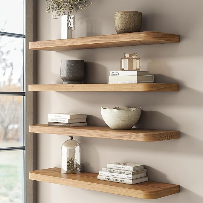 Rustic Elm Wood Floating Shelves for Wall Round Edge, 36"W x 9.2"D x 1.37"H, Set of 2 with Invisible Bracket, Wall Mounted Storage Shelves for Living Room Bedroom Kitchen Bathroom Decor, Natural