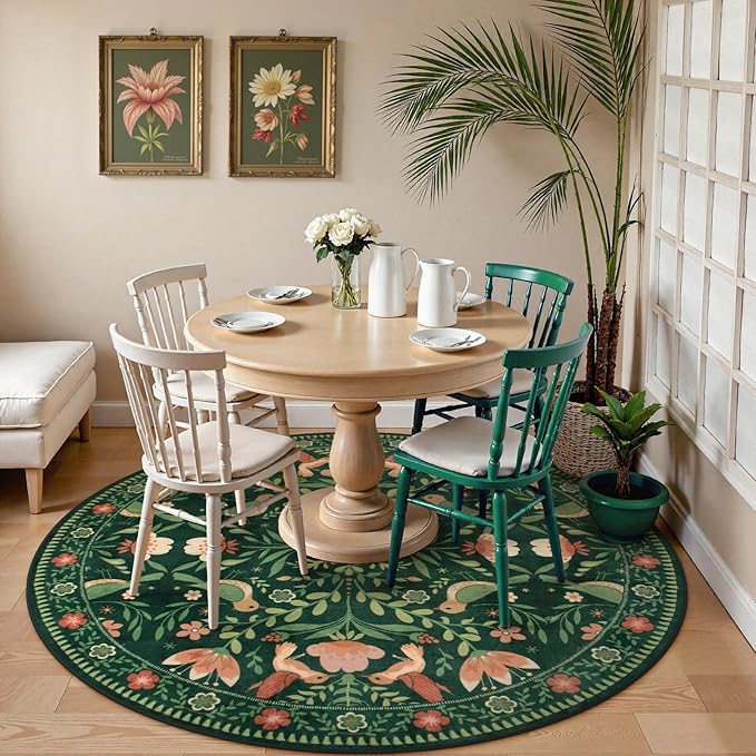 Moynesa Machine Washable Round Rug, 6ft Circle Area Rug for Living Room Non Slip, Ultra Thin, Soft, Indoor Boho Bird Dark Green 6'x6' Carpet for Bedroom Office Under Table Kid Playroom