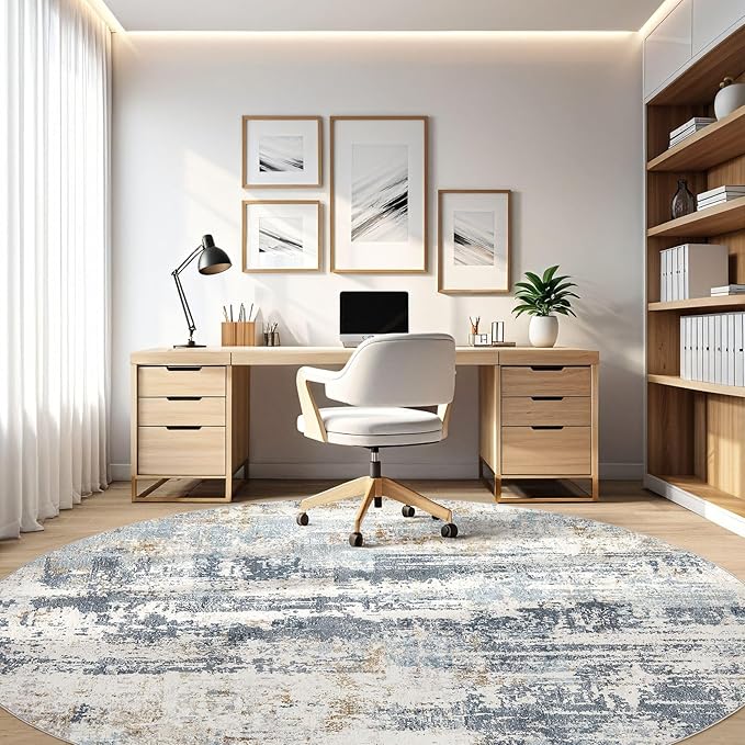 Round Rug Living Room Rugs: 10Ft Washable Circle Large Abstract Modern Soft Stain Resistant Non Slip Indoor Floor Carpet for Bedroom Nursery Office Dining Room Dorm Home House Decor- Light Blue