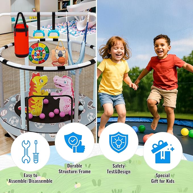 LAMERGE 55" 7-in-1 Round Trampoline for Kids Boys & Girls Ages 1-8, Indoor & Outdoor Trampoline for Fun, Adjustable Height Handrail ＆ Enclosed Safety Net ＆ Durable Designs for Toddlers Children