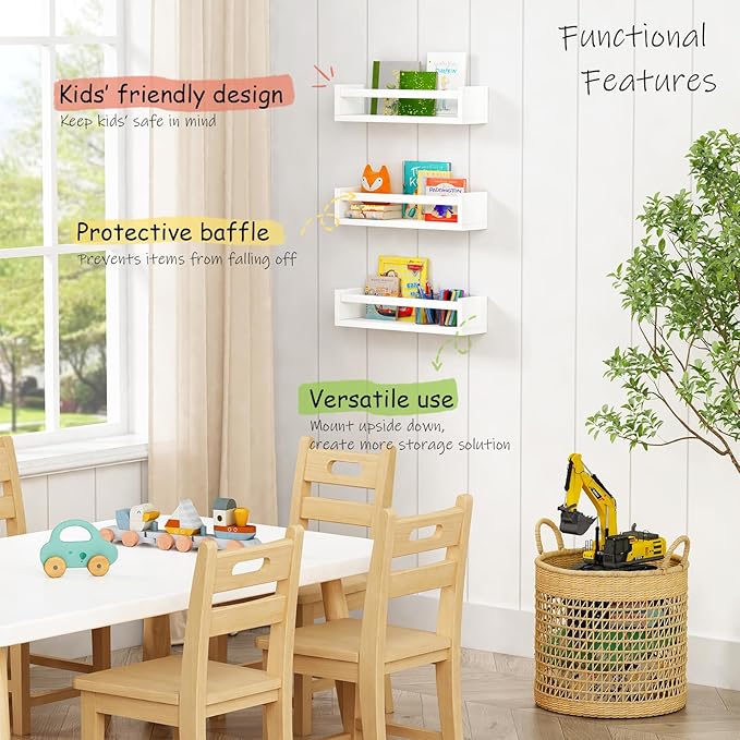 White Nursery Floating Book Shelves for Wall Set of 3, Kids Wall Shelves for Baby Room Bedroom, Modern Hanging Bookshelf for Baby Toddler Children Girls Boys Decor and Toys Books Storage