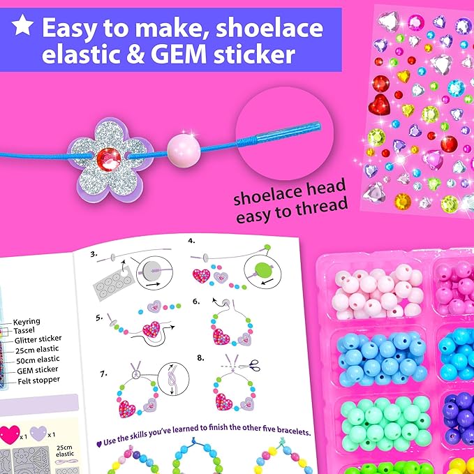 KRAFUN Jewelry Kit Unicorn & Princess Craft Set for Kids 5+ Years, 12 DIY Gem Bracelets & Charms, Unicorn & Princess Theme, Stickers, Instructions, Creative Kit