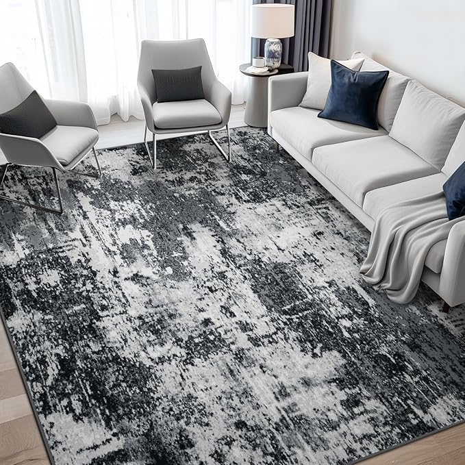 Washable Area Rugs 5'x7' Non-Slip Modern Abstract Soft for Living Room Entryway Bedroom Nursery, Print Pattern, Black Gray