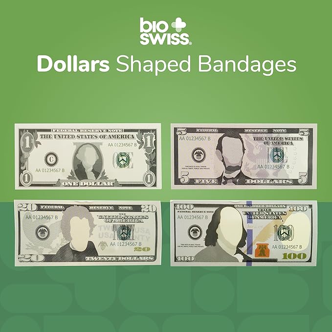 BioSwiss Bandages, Money Shaped Self Adhesive Bandage, Latex Free Sterile Wound Care, Fun First Aid Kit Supplies for Kids, 24 Count