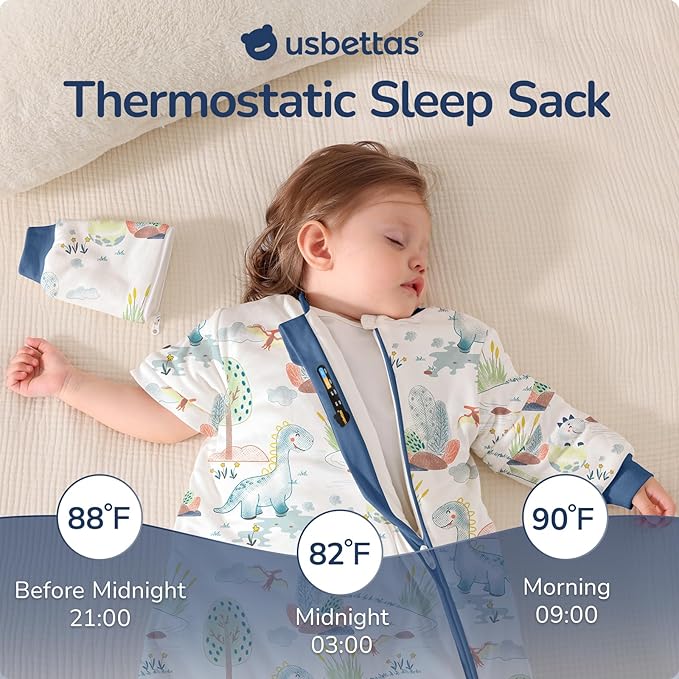 Baby Sleep Sack 12-18 Months, Cotton Detachable Long Sleeve Sleep Sack, 2.5 Tog Toddler Sleeping Sack with Temperature Strips, 2-Way Zipper Wearable Blankets for Newborns, Dinosaur