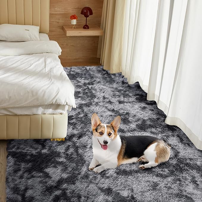 Ultra Soft Rug for Living Room, 9X12 Fluffy Shag Area Rug for Bedroom, Modern Shaggy Carpets Fuzzy Rug for Teens Dorm Nursery Home Decor Aesthetic, Upgrade Anti-Skid Durable, Tie Dye Black and Grey