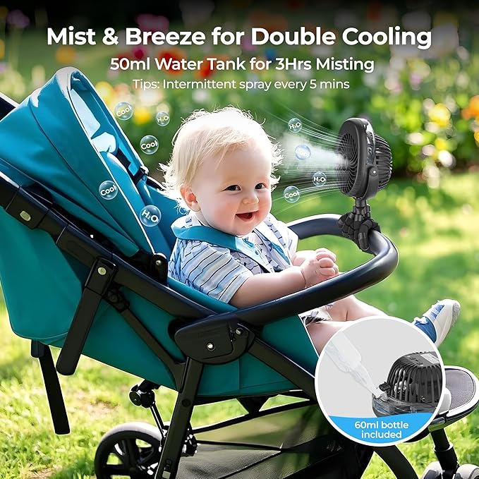 COMLIFE Misting Baby Stroller Fan, Rechargeable Battery Operated, 270° & 360° Pivoting, 50ml Portable Water Sprayer Misting Fan with Flexible Tripod Clip on Car Seat Crib Treadmill Bunk Bed