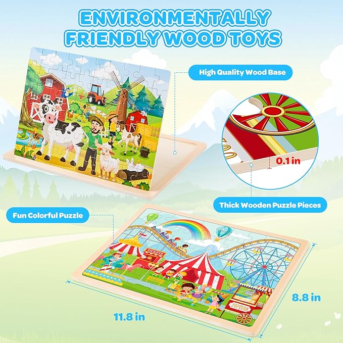 LACCHOUFEE 6 Pack Wooden Vehicle Puzzles for Kids Age 3 4 5 Year Old, 60 Pcs Montessori Toddler Animals Jigsaw Puzzles for Girl boy Activities Preschool Learning Birthday Gift Travel Autistic Toy