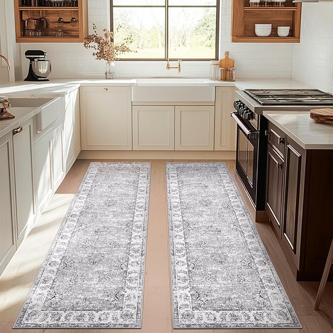 jinchan Runner Rug 3x10-2pcs Kitchen Washable Vintage Hallway Rug Floral Print Floor Cover Indoor Thin Retro Mat Accent for Bathroom Laundry Room Bedroom Office Farmhouse (Double,Grey)