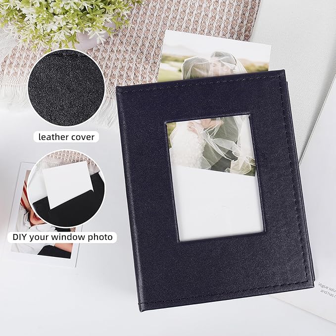 RECUTMS Small Photo Album 4x6 52 Photos, Leather Cover Mini Photo Book with Front Window Holds 52 Vertical Photos, for Artwork or Postcards Storage Wedding Family Baby Vacation(Dark Blue)