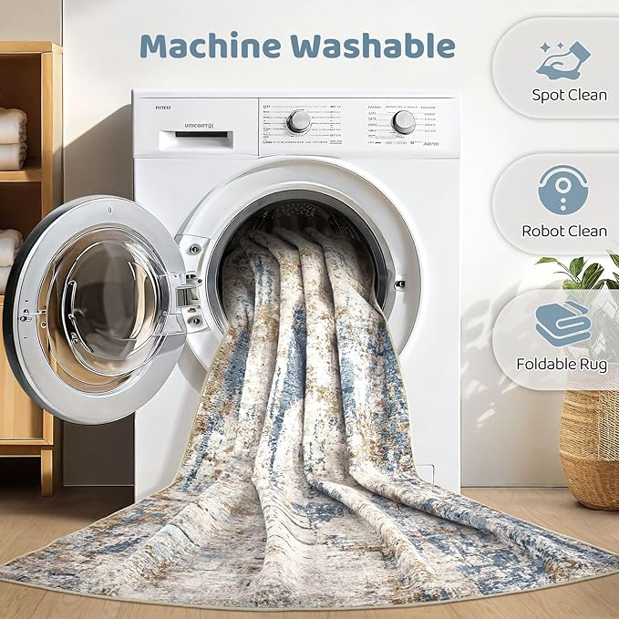 5x7 Area Rugs Living Room: Machine Washable Large Abstract Modern Soft Rug Stain Resistant Indoor Floor Non Slip Accent Carpet for Bedroom Nursery Playroom Dining Room Office Dorm Home House- Tan