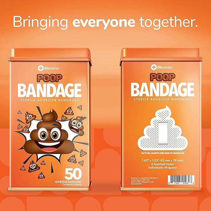 BioSwiss Bandages, Poop Shaped Self Adhesive Bandage, Latex Free Sterile Wound Care, Fun First Aid Kit Supplies for Kids, 50 Count
