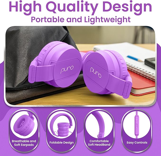Puro Sound Labs PuroBasic Wired Headphones for Kids - Volume-Limiting & Adjustable with Microphone – Compatible with Smartphones, Tablets, PCs, and More – Safe, Durable Headphones for Kids – Purple