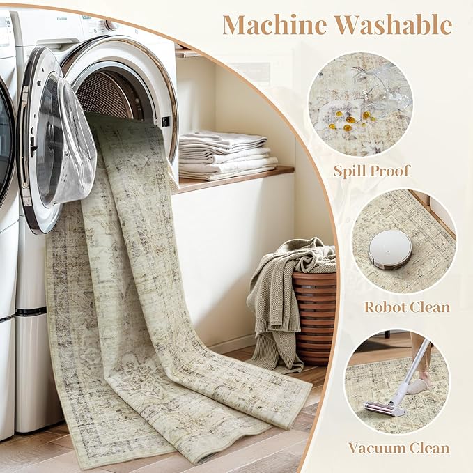 LIVEBOX Washable Area Rug 9x12 Rugs for Living Room Bedroom, Non-Slip Boho Neutral Carpet for Dining Room Office, Low-Pile Farmhouse Soft Carpets for Kids Nursery Room Playroom, Tan