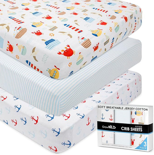 GROW WILD Nautical & Ships Baby Crib Sheets for Boys (3 Pack) - Jersey Knit Fitted Sheet (52" x 28"), Toddler Bedding Set & Baby Boy Crib Bedding Set, Anchors and Ships with Stripes