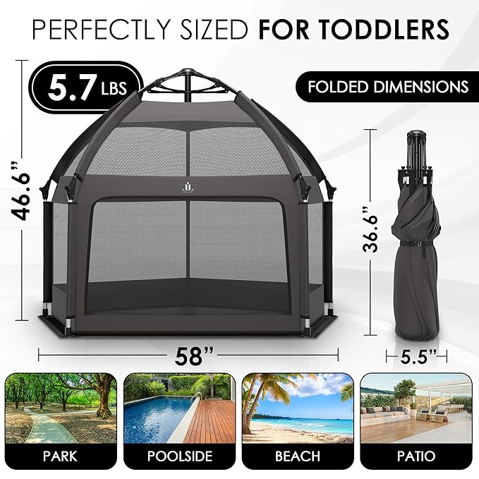 Pop-Up Playpen for Babies & Toddlers Foldable with Canopy (UPF 50), Self-Inflating Playmat, Wind Shade & Carry Bag Durable Baby Beach Tent, Outdoor