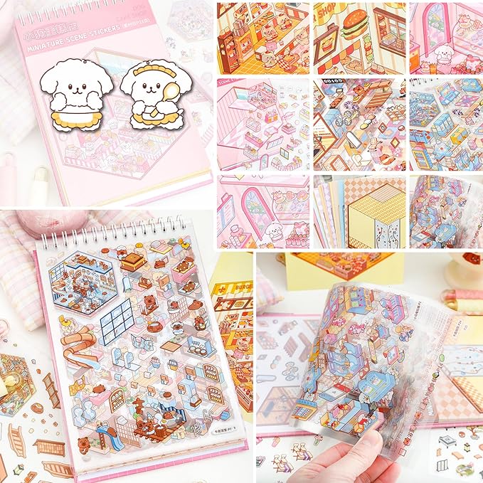 Scene Sticker Book for Kids,20 Sets of 3D Sticker Scenes for Adults Fun Mini Cute Kawaii Stickers Therapy 3D Scenes 3D House Stickers Set Relief Stress Pass The Time