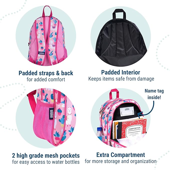 Wildkin 15-inch Kids Backpack – Durable, Padded, Adjustable for School & Travel - Llamas and Cactus